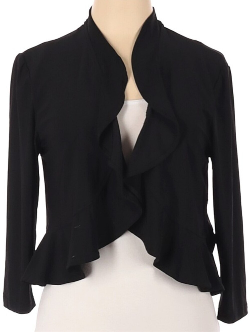 R&M Richards Slinky Stretchy Black Ruffle Open-Front Jacket Cardigan Size L